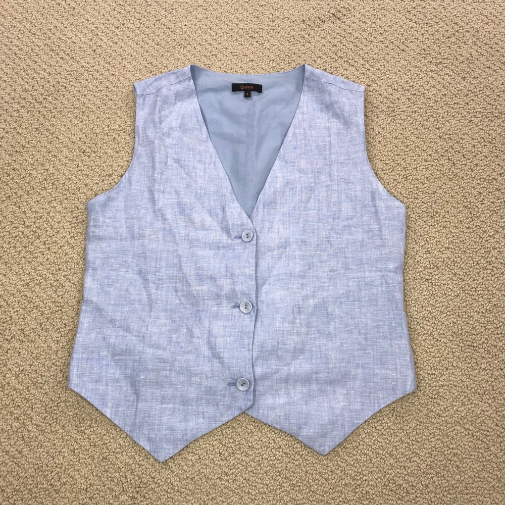 Quince Light Blue 100% European Linen V-Neck Button Front Vest Waistcoat Small